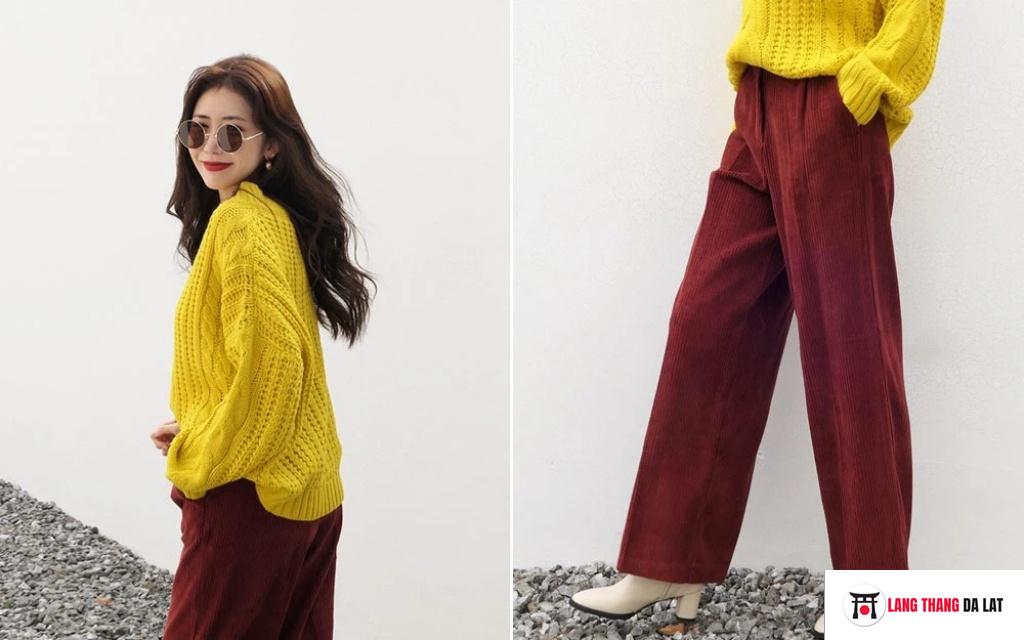 Áo len và quần culottes rộng