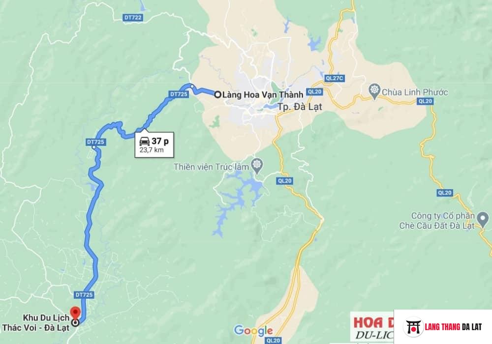 Đường đi Thác Voi Đà Lạt trên google map